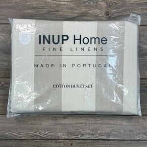 INUP Home Queen Washed Cotton Duvet Set Beige Cream Stripes Made in Portugal